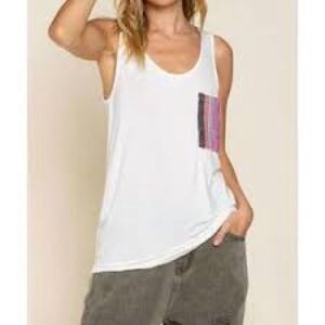 POL White Relaxed Tank Top Colorful Embroidered Pocket